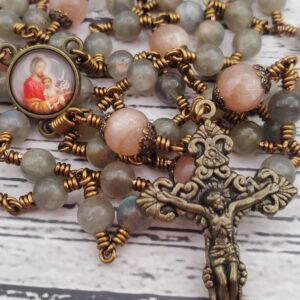 Labradorite Peach Sunstone Bronze Handmade Heirloom Rosary Beautiful Special Gift Quality Stone Custom Wedding For Her Saint Joseph Sparkle