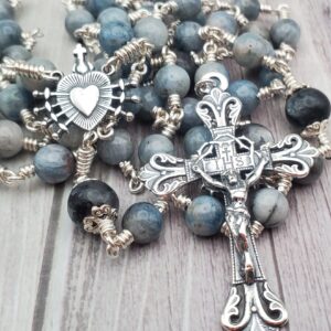Sterling Silver Aquamarine Black Labradorite Handmade Heirloom Rosary Beautiful Special Gift Quality Wedding Stunning Seven Sorrows