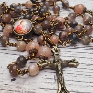Black Sunstone Bronze Handmade Heirloom Rosary Beautiful Special Gift Quality Peach Stone Custom Wedding For Her Saint Joseph Durable Prayer Warrior