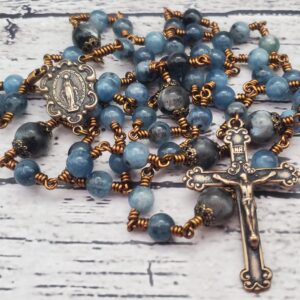 Aquamarine Black Labradorite Bronze Handmade Heirloom Rosary Beautiful Special Gift Quality Durable Miraculous Virgin Mary