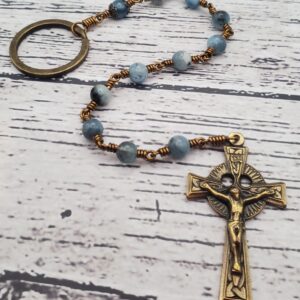 Aquamarine Bronze Handmade Heirloom Penal Rosary Beautiful Special Gift Quality Durable Blue Stone Custom Celtic For Her For Him