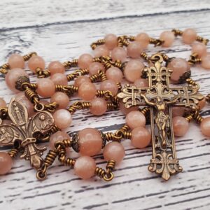 Handmade Rosary Heirloom Peach Moonstone Beads Made in USA Quality Rosaries Prayers Today Our Fleur de Lis Custom Wedding Gift